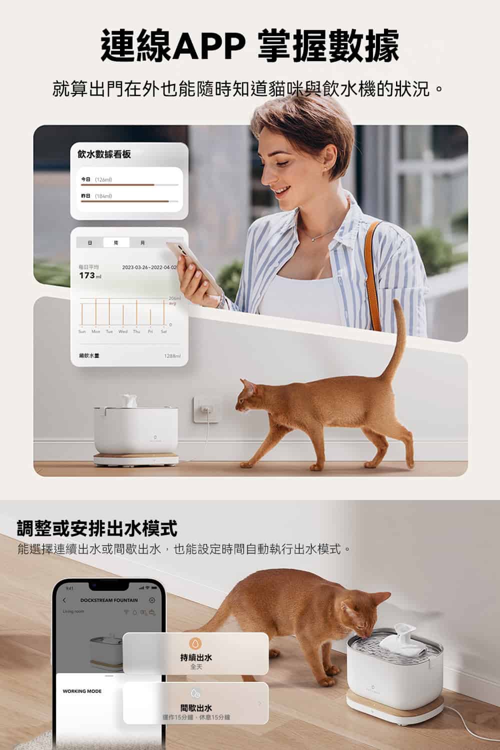 讓您的寵物享受安靜的飲水時光。內建2.5L容量，能供應1隻貓咪一週的飲水需求，且水電分離設計，保證使用更加安全。